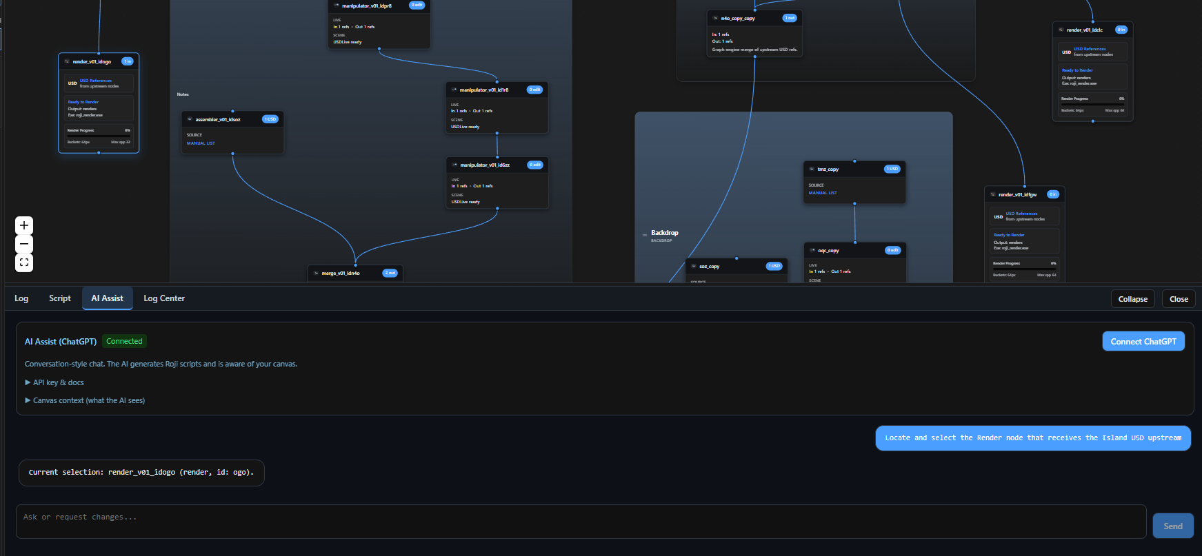 Roji Graph workflow with AI Assist selecting a render node from a live node graph