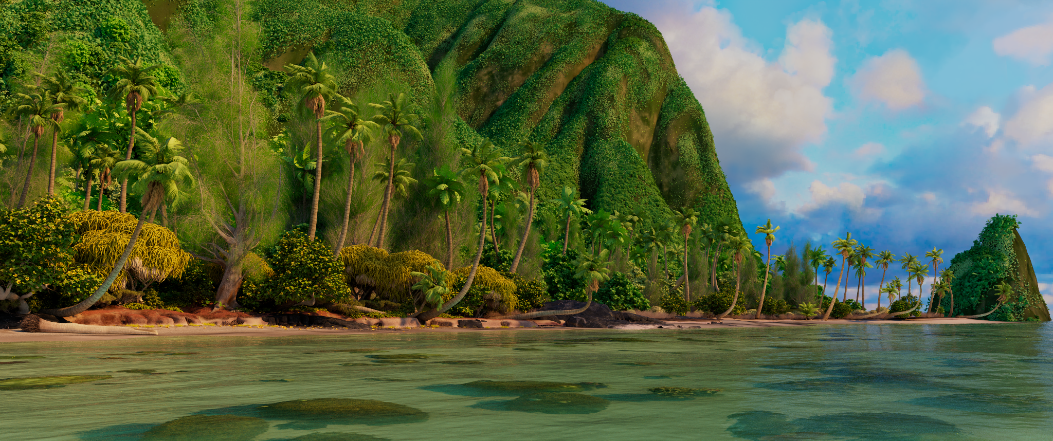 Moana Island Scene environment denoised from Roji Render multilayer EXR with Web EXR sunlight and ocean-light beautification mix baked into the beauty preview