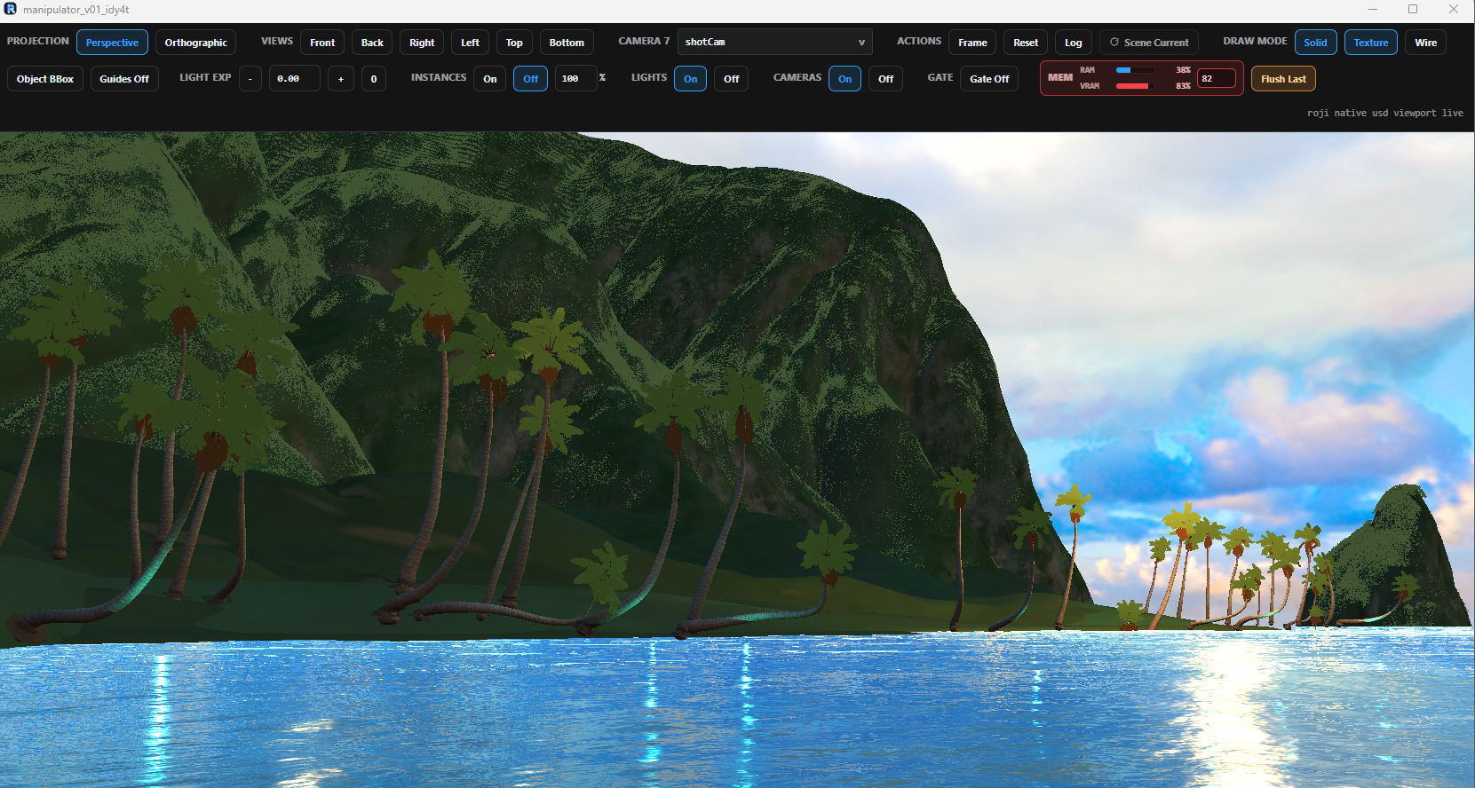 Roji 3D Viewer showing shader-aware textured viewport mode with RAM and VRAM caps
